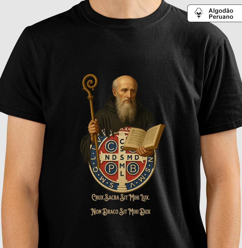 Camiseta Algodão Peruano Crux Sacra Sit Mihi Lux.  Non Draco Sit Mihi Dux