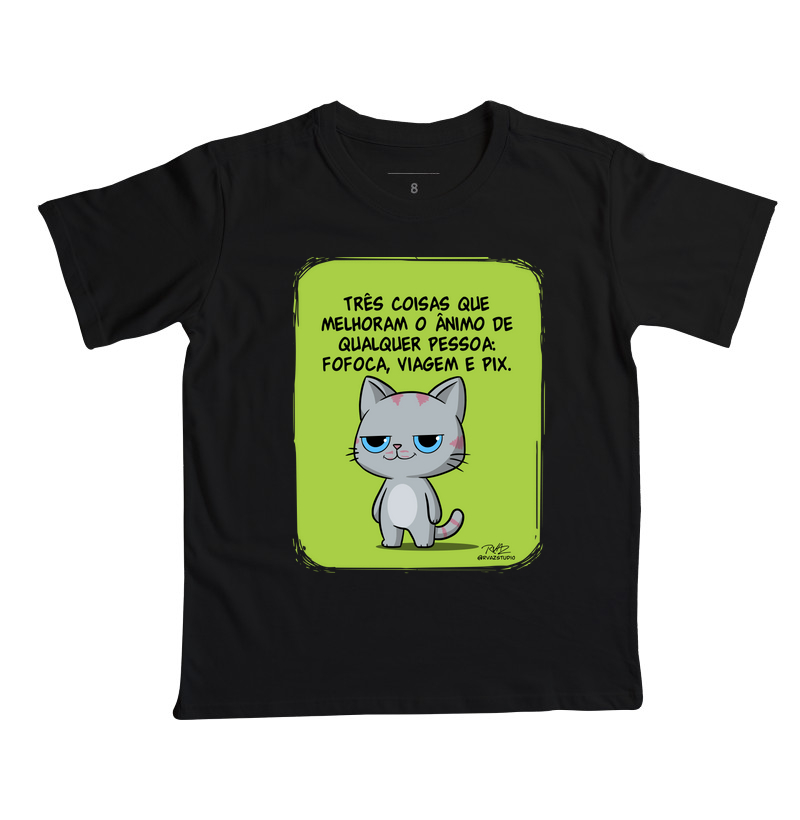 Camiseta Gato Sincero Fofoca Viagem e Pix