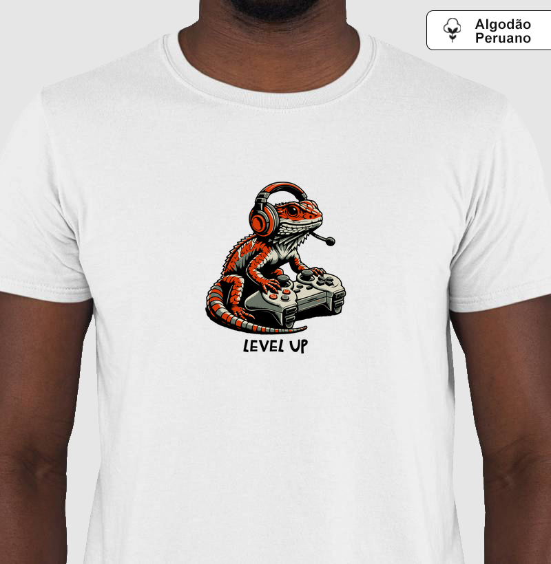 Camiseta “Calango Gamer - Level Up" em Algodão Peruano