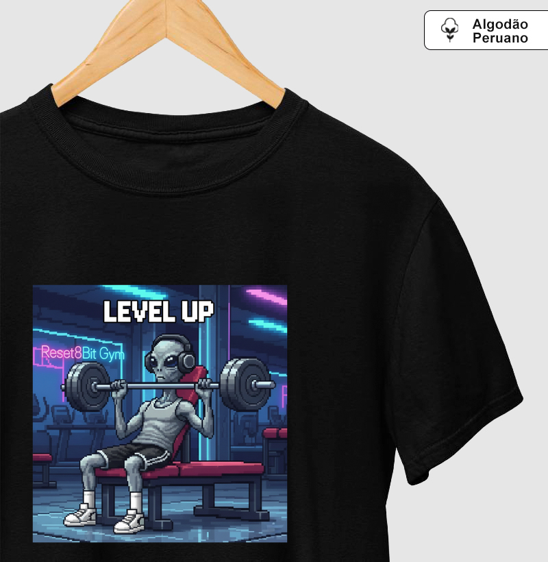 Camiseta Algodão Peruano Gym Level Up Reset8Bit