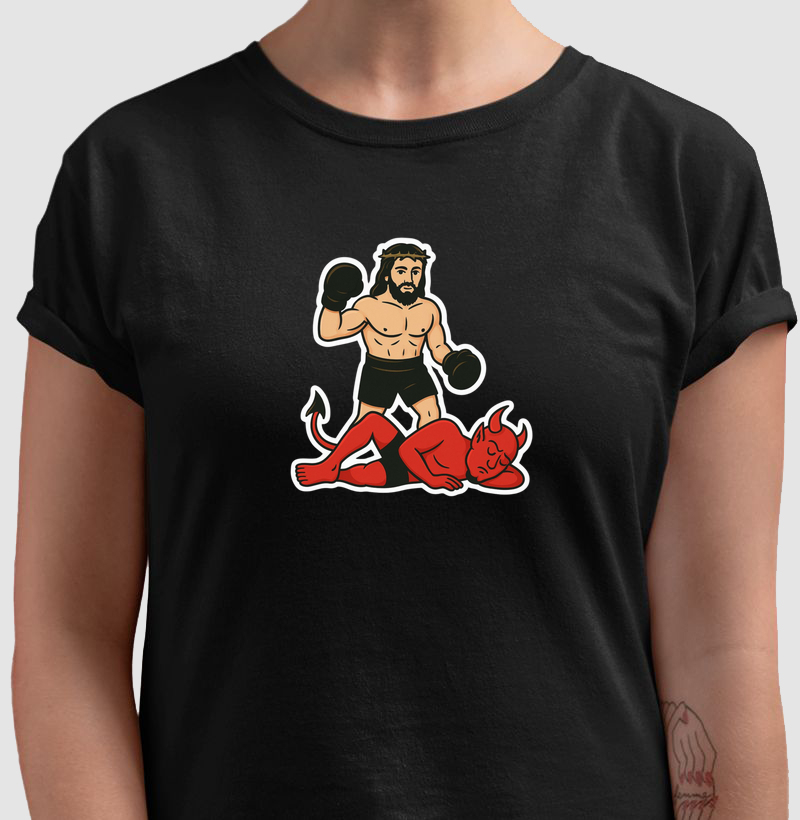 Camiseta "Jesus derrubando Satanás"