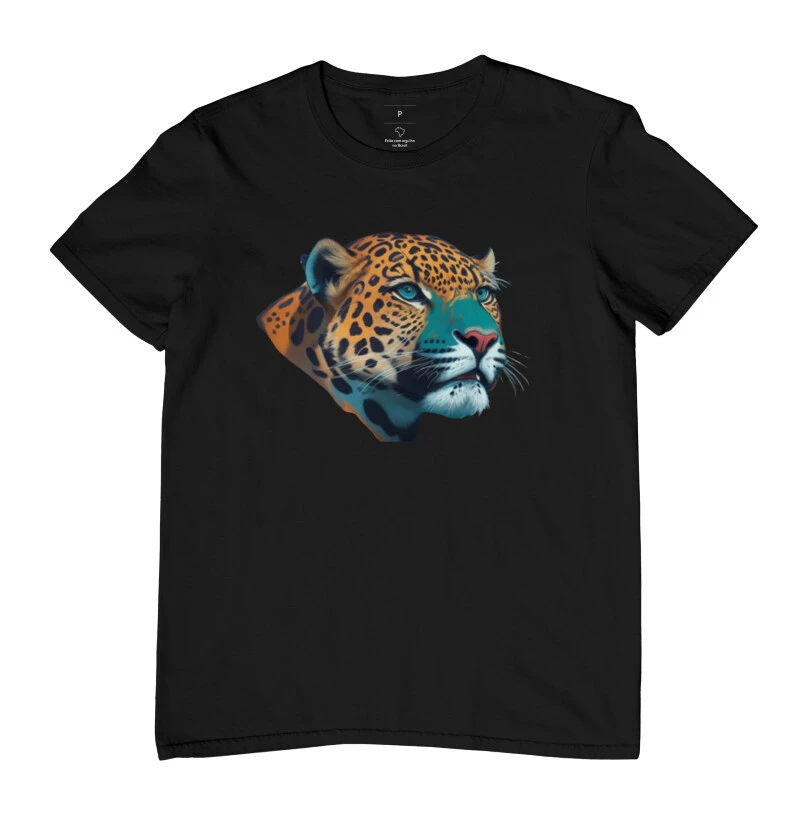 Camiseta onça pintada aquarela lateral detalhe azul 