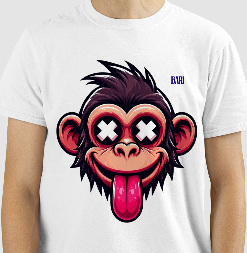 Camiseta com Estampa de Rosto de Macaco com Língua de Fora