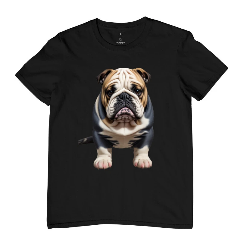 Camiseta Buldogue Inglês tricolor caramelo cinza e branco 