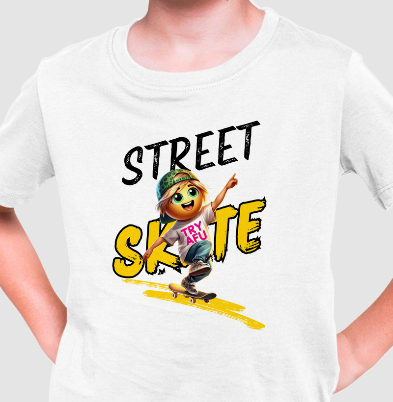 🔥 Camiseta Est🛹🔥 Para os Pequenos Skatistas que Já Têm Atitude! - Estampa Exclusiva "Try Afú Street Skate" – Conforto, Estilo e Atitude! 🛹🔥