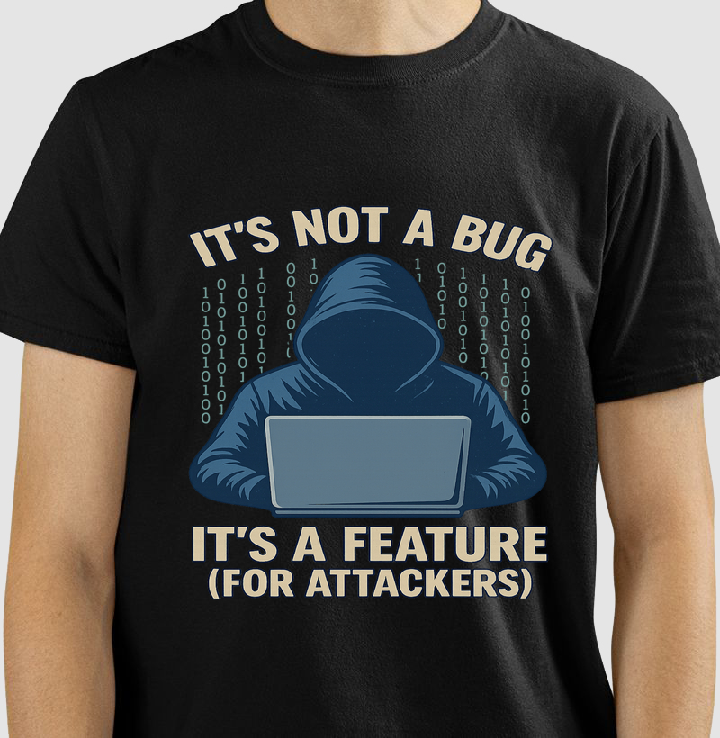 Camiseta It's Not a Bug, It's a Feature (For Attackers) – O bug que virou punchline