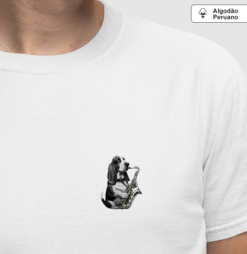 T-shirt Cão Saxofonista Minimalista Algodão Peruano