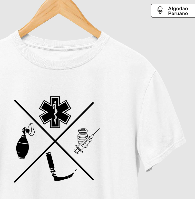 Camiseta Algodão Peruano – BVM, Estrela da Vida, Seringa e Laringoscópio