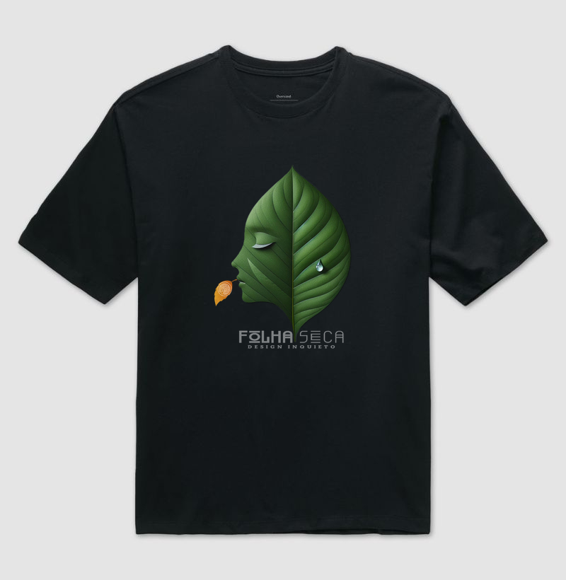 Camiseta Estampa Rosto Folha com Gota D'agua Folha Seca