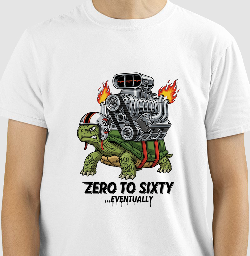 camiseta-garage-motors-kustom-zero-to-sixty-eventually-tartaruga-turbo