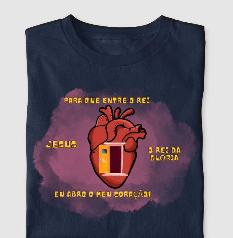 Camiseta cristã marca Eterno King com frases de fé "Para que entre o Rei" em letras amarelas