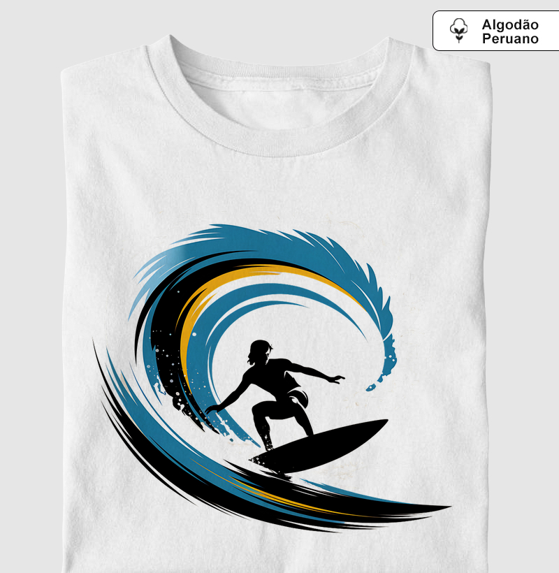 Estampa de Esportes Radicais | Design com Silhueta de Surfista em Ondas Abstratas | Camiseta Premium para Aventura
