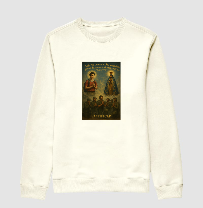 Sueter Moletom Sola res quam a Deo in oratione petere debemus est voluntas sancti esse "Carlo Acutis e Nossa Senhora de Aparecida"