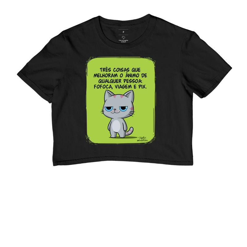 Camiseta Gato Sincero Fofoca Viagem e Pix