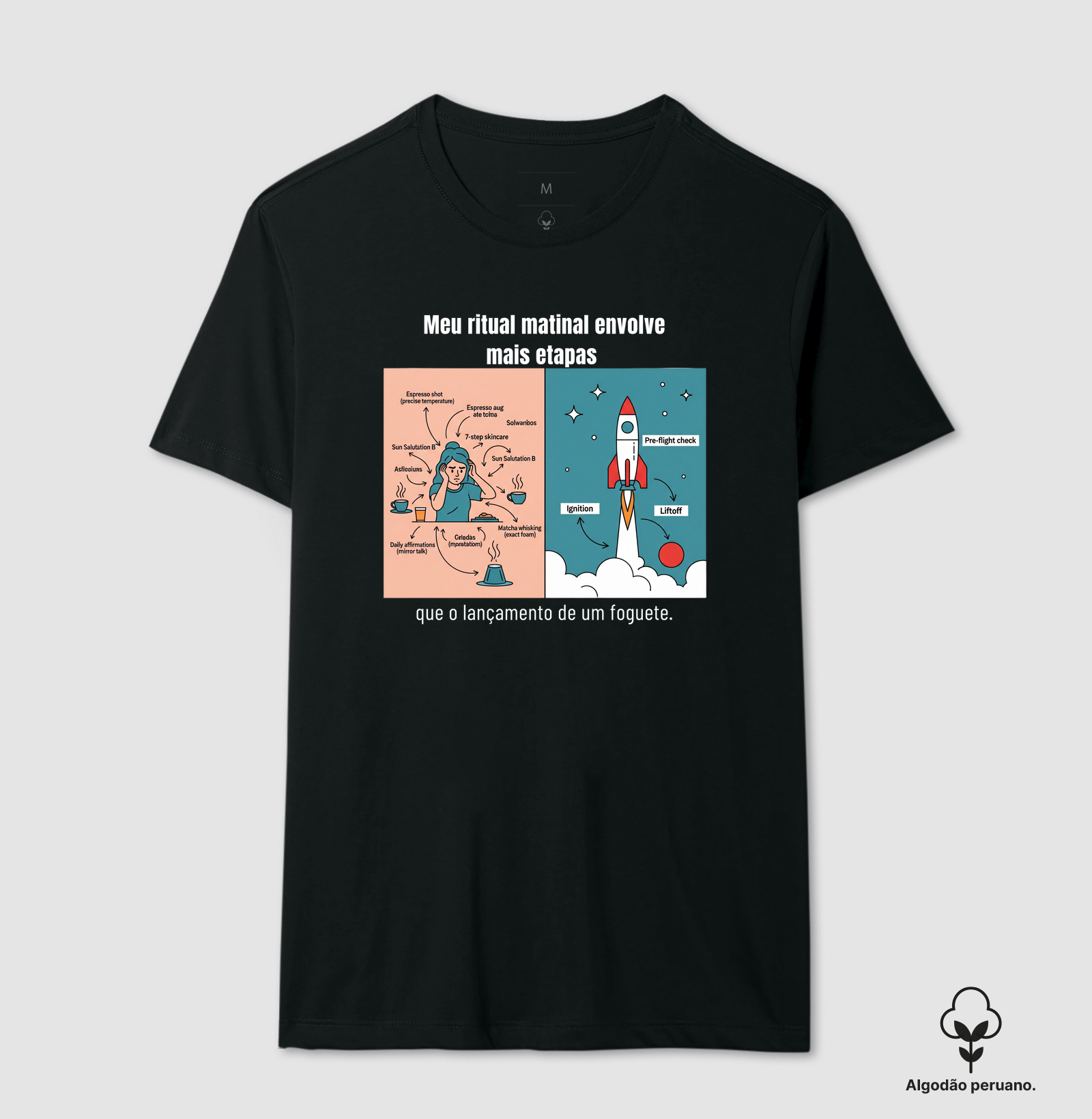 Camiseta Café - Meu ritual matinal envolve mais etapas que o lançamento de um foguete.