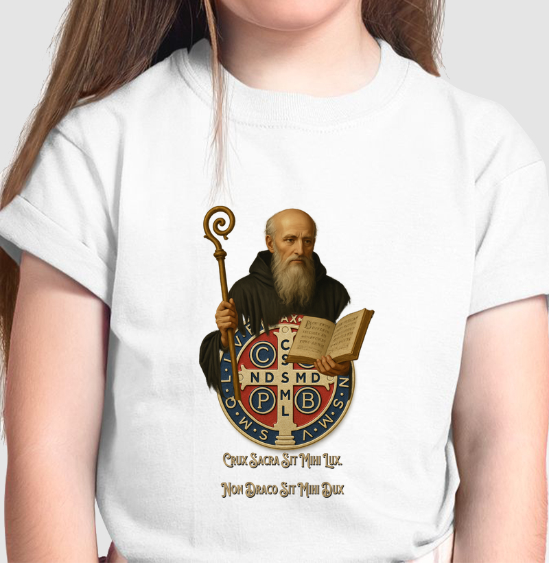 Camiseta Infantil Crux Sacra Sit Mihi Lux.  Non Draco Sit Mihi Dux