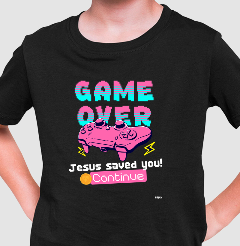 Camiseta Infantil com Estampa - Game Over? Jesus Saved!