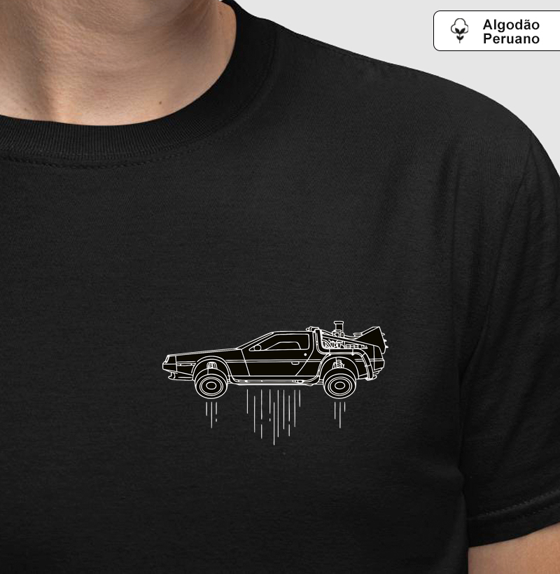 Camiseta algodão peruano estampada para colecionador miniatura Delorean - a máquina do tempo