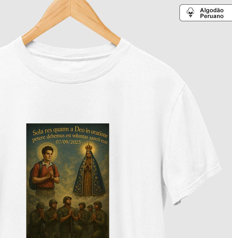 Camiseta Algodão Peruano Sola res quam a Deo in oratione petere debemus est voluntas sancti esse "Carlo Acutis e Nossa Senhora de Aparecida"