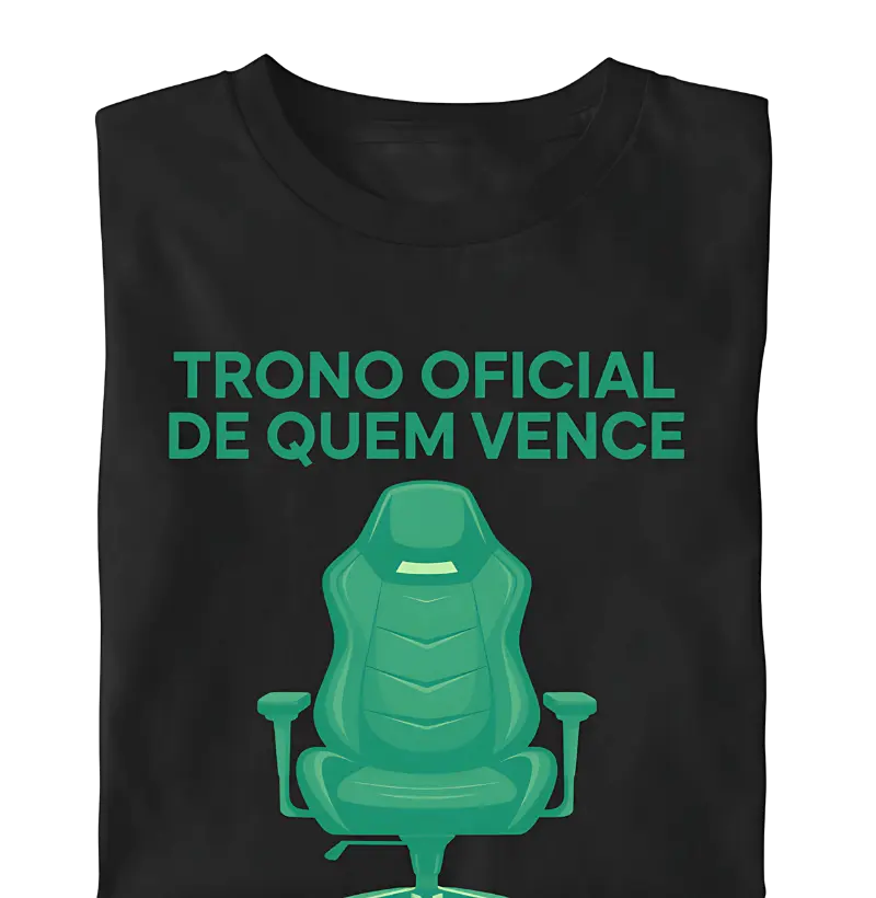 "Trono Oficial de Quem Vence" com cadeira gamer preta imponente
