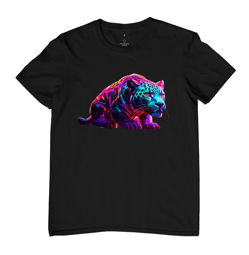 Camiseta Onça Pintada Estilo Neon Color's Acabamento Azul e Rosa Lateral