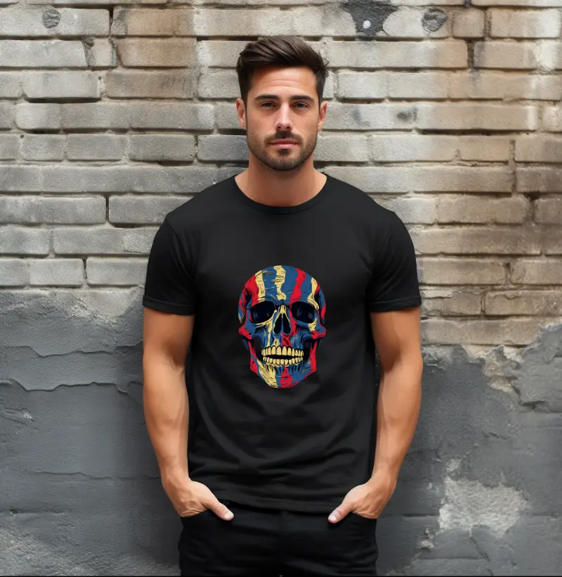 Camiseta Vitalidade Espectral: O Crânio Pop Art em Cores Primárias