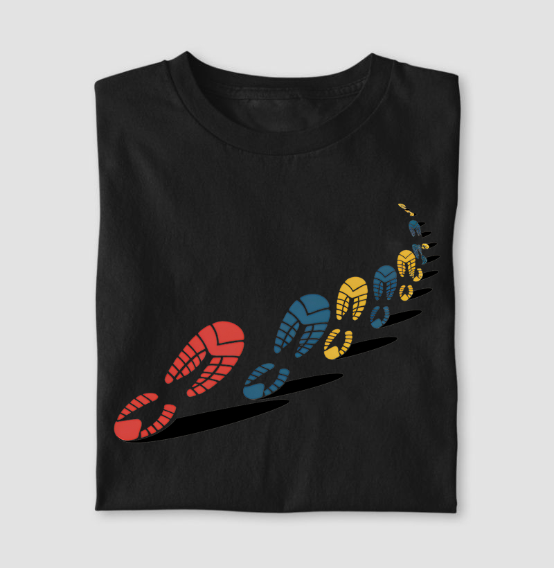Estampa de Corrida | Design com Pegadas de Tênis em Trajetória Abstrata | Camiseta Exclusiva para Corredores