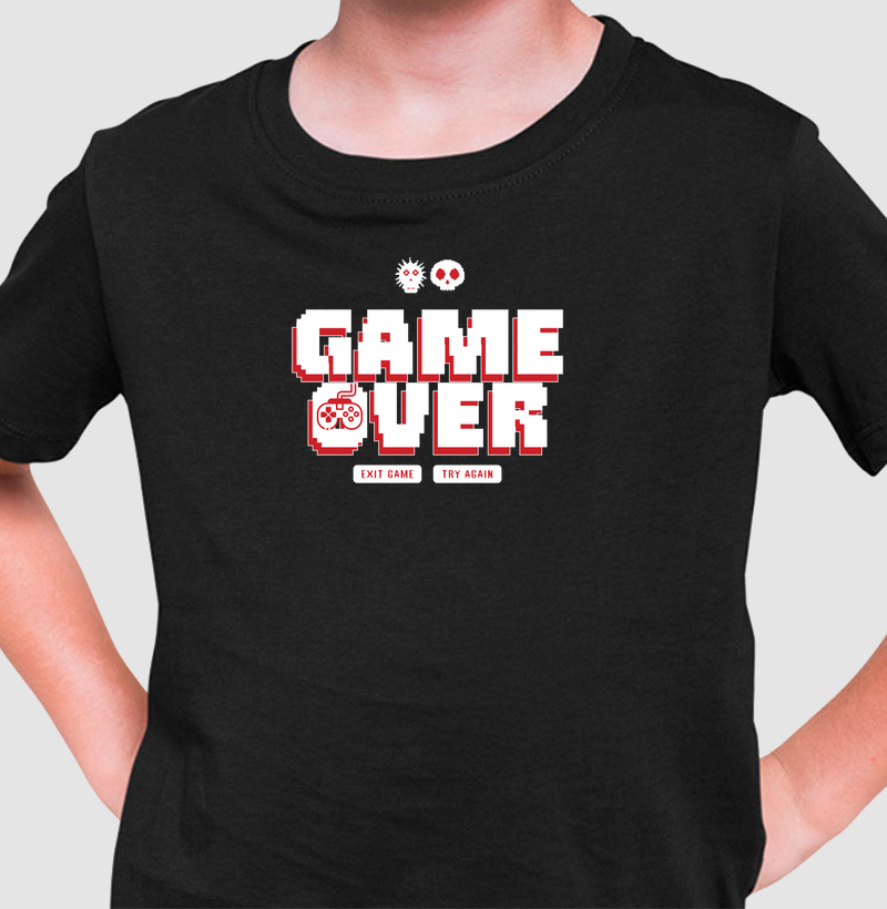 Camiseta Infantil “Game Over - Exit Game or Try Again” em Algodão Peruano