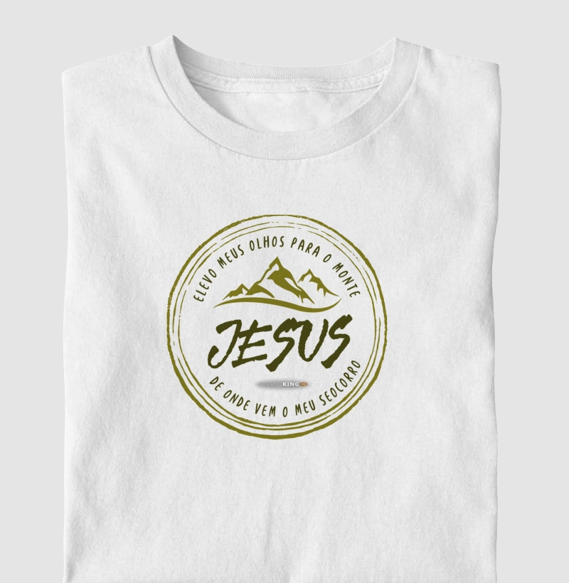 Camiseta cristã marca Eterno King com frases de fé "Elevo meus olhos para o monte" em letras escuras