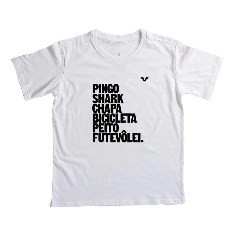 Camiseta KIDS Pingo, Shark, Chapa, Bicicleta, Peito e Futevôlei. 