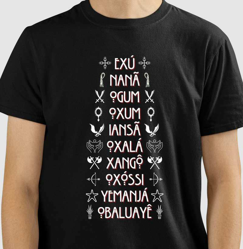 Camiseta 10 Orixás Sombreado Símbolos Preta