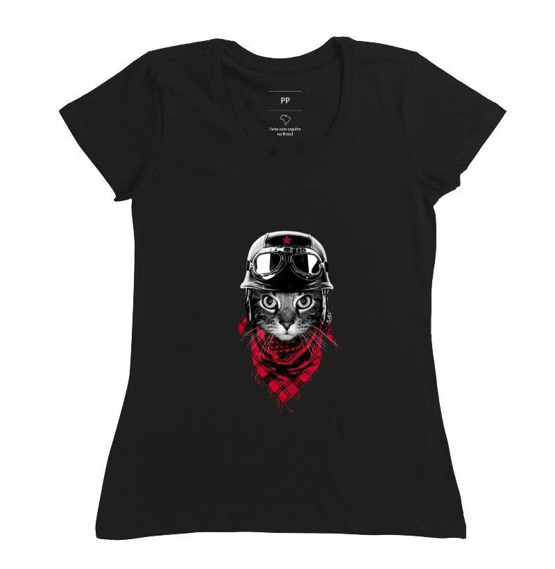 Camiseta feminina gato motoqueiro