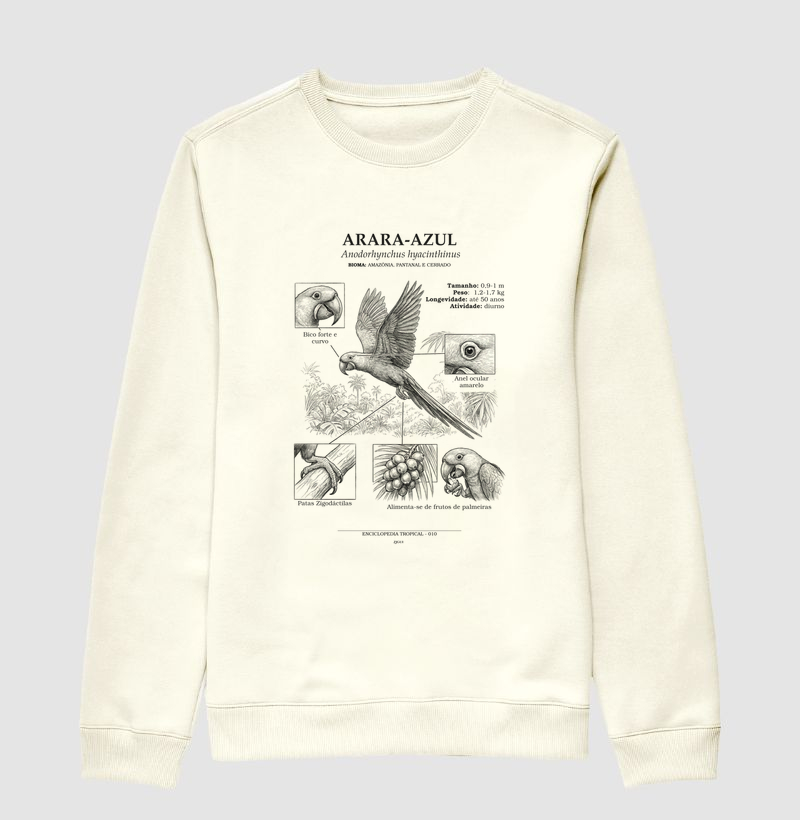 Suéter Moletom Arara-Azul Vintage | Coleção Enciclopédia Tropical