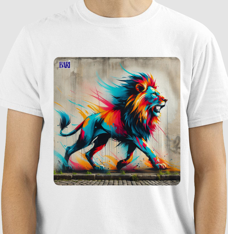 Camiseta com Estampa de Leão Colorido Pintado na Parede