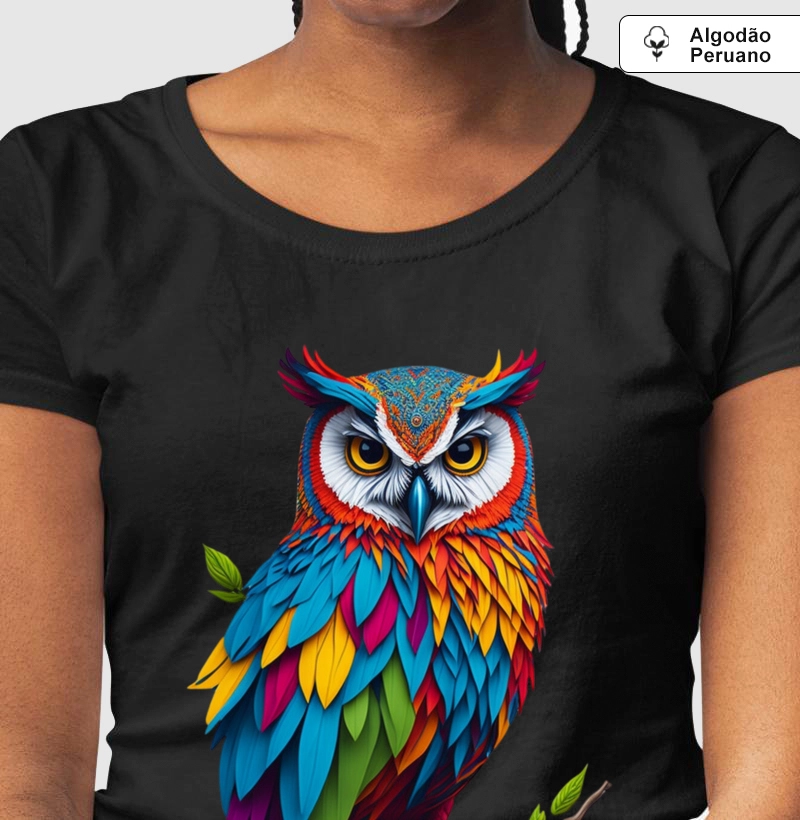 Camiseta Algodão Peruano Coruja Aquarela
