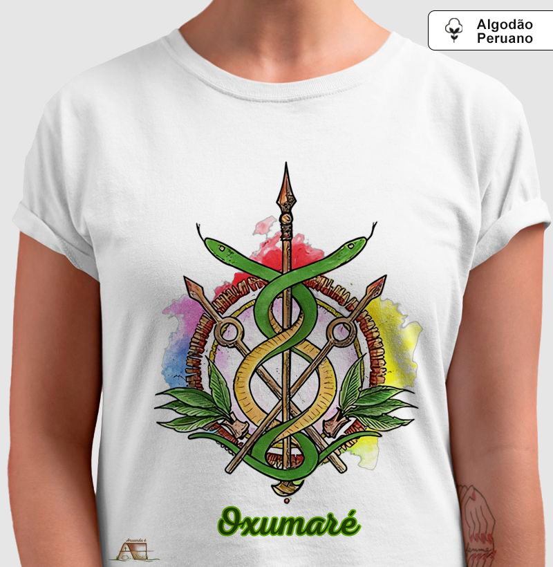 Camiseta Aruanda ê Brasão de Oxumaré Renovação e Movimento em 100% Algodão Peruano