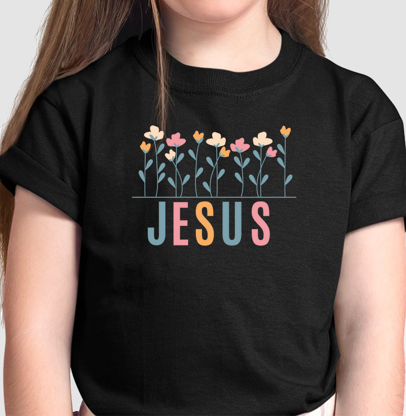 camiseta menina jesus flores