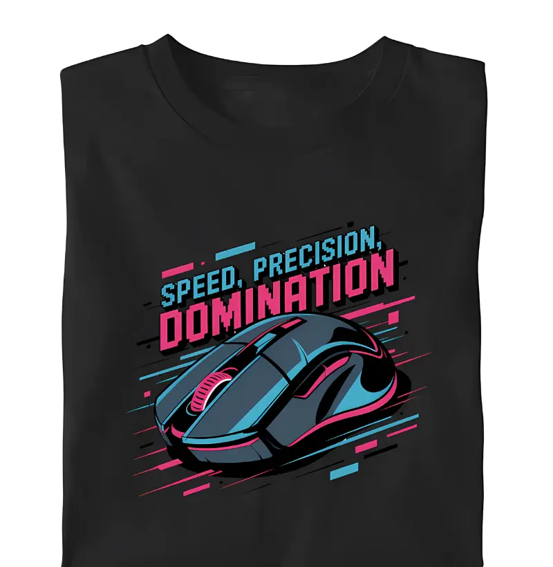 "Speed, Precision, Domination" com mouse gamer estilizado em neon