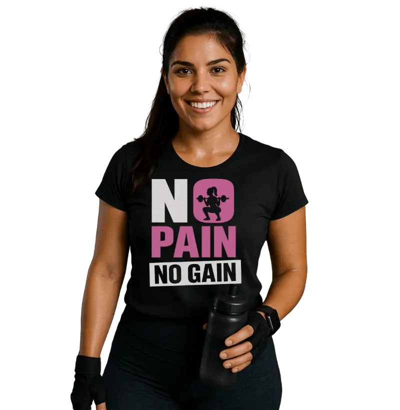 NO PAIN, NO GAIN – Camiseta Feminina Preta Fitness