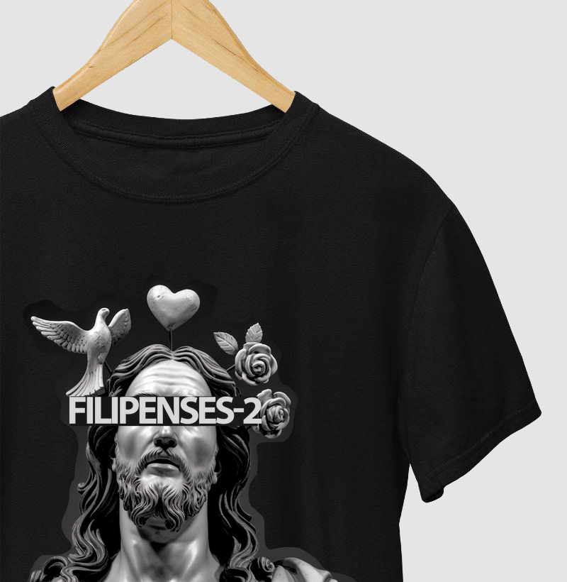 camisa preta estampa filipenses 2 estilo grego-romano