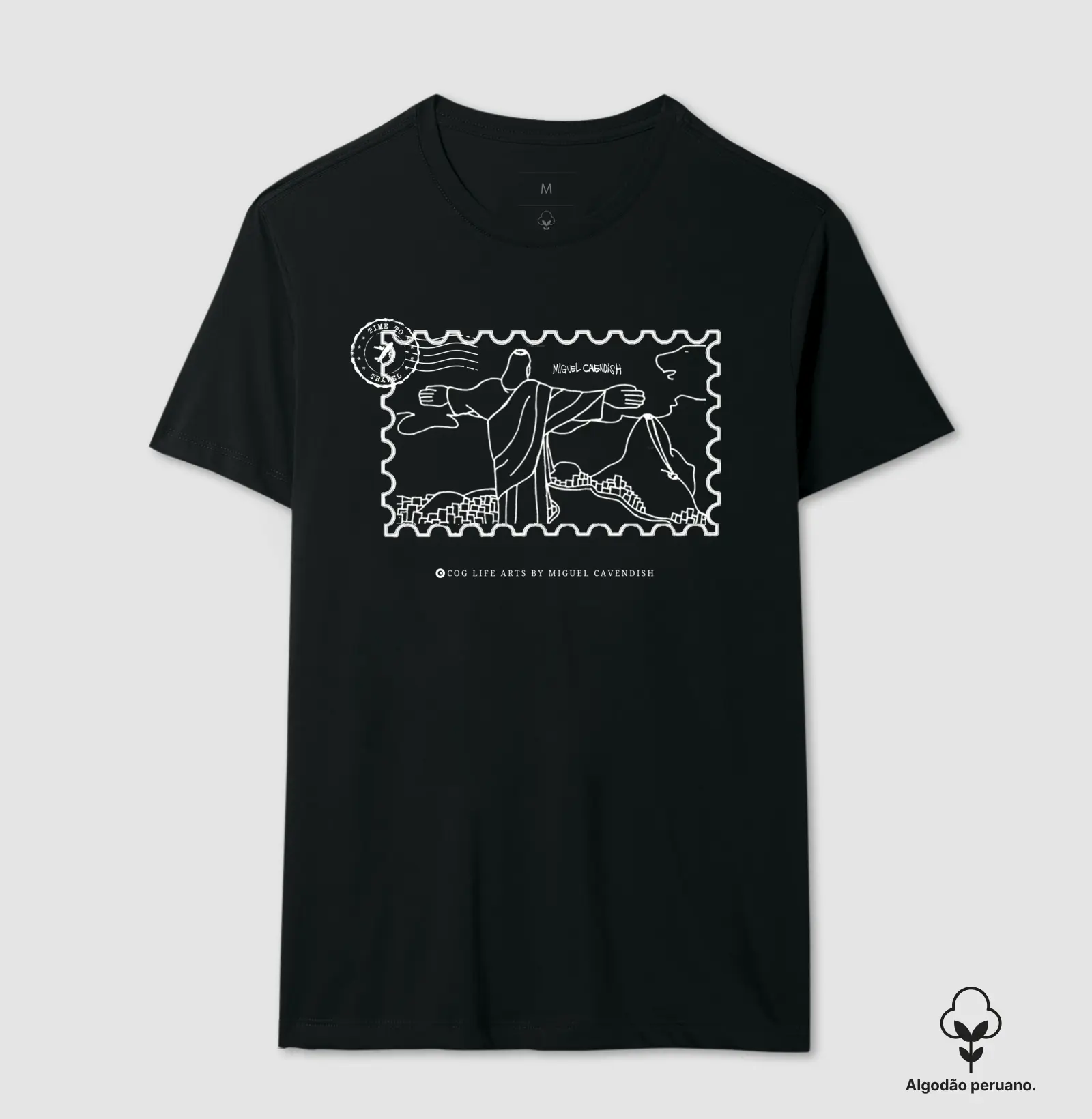 Camiseta Cartão Postal Cristo Preta by Miguel Cavendish - Algodão Peruano