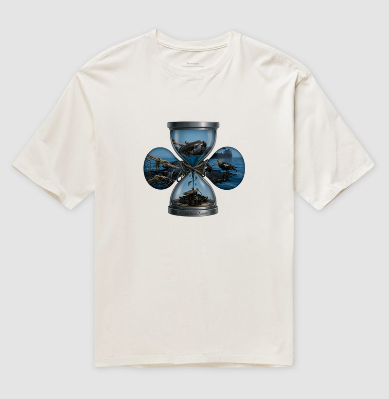 Camiseta Oversized Unissex AROUA Studio (IA) — Maré Negra (Asfixia Azul, 100% Algodão 195g, Petróleo no Mar)