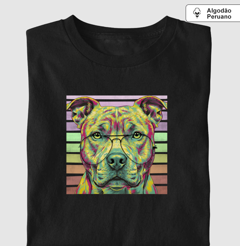 Pit bull colorido e de óculos no estilo pop art