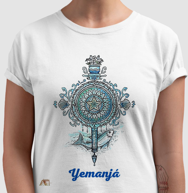 Camiseta Aruanda ê Abebê de Yemanjá Estilo em 100% Algodão
