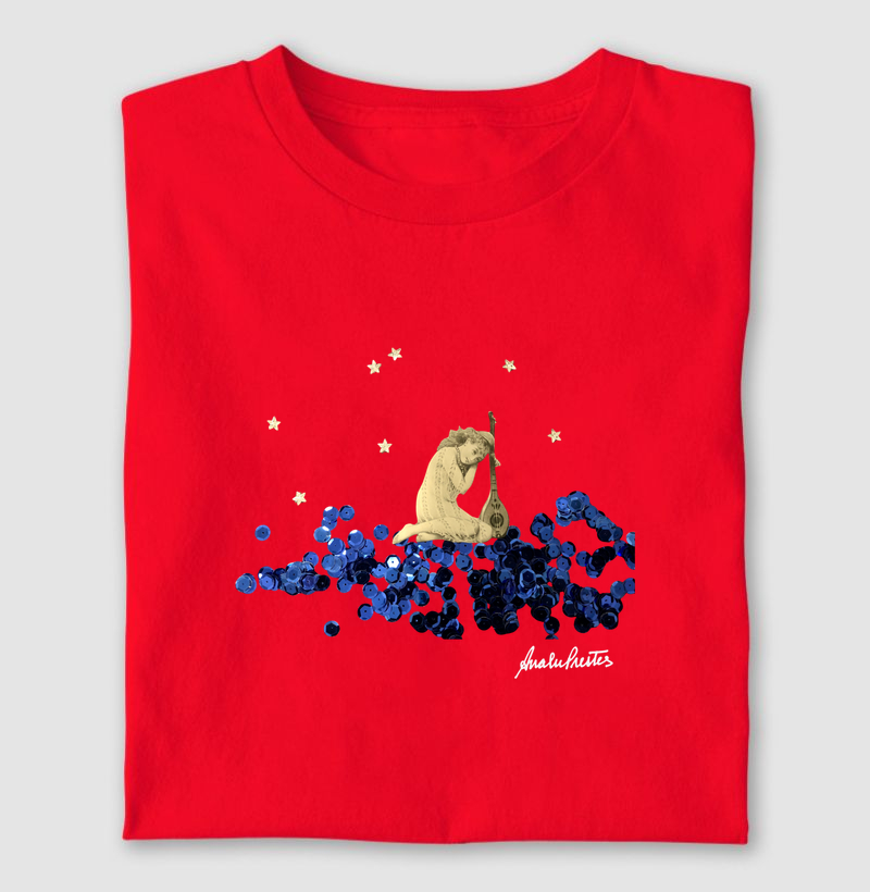 Analu Pestes. MENINA COM VIOLA NUM CÉU AZUL COM LANTEJOULAS