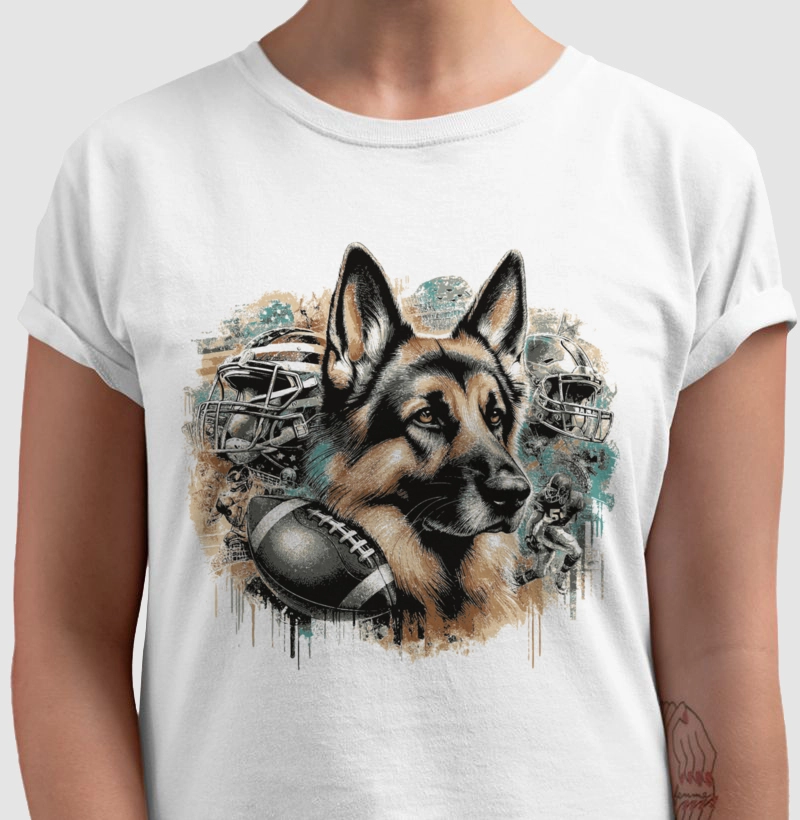 Camiseta Pastor Alemão Estilo Arte de Rua e Futebol Americano.