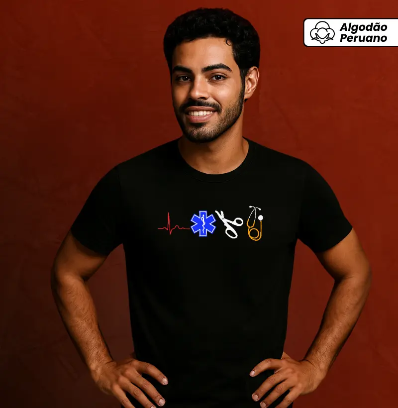 Camiseta Algodão Peruano – ECG, Estrela da Vida, Tesoura Tática e Estetoscópio