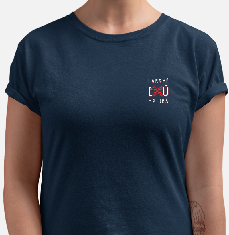 Camiseta Bls Laroyê Exú Mojubá Sombreada Azul Marinho Feminina