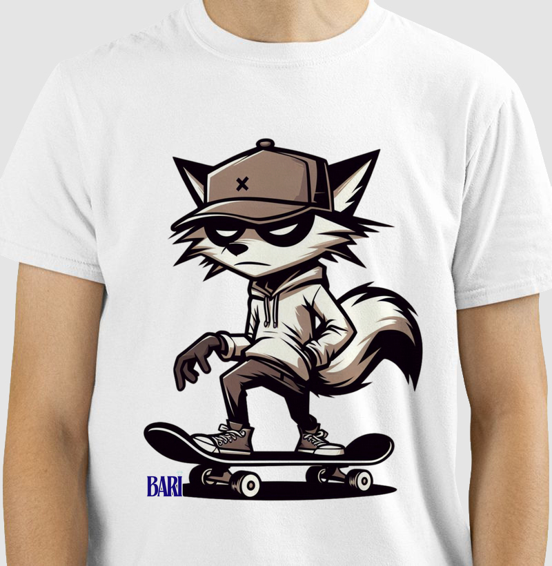 Camiseta com Estampa de Raposa em Cima do Skate