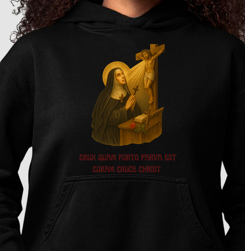 Hoodie Moletom Crux Quam Porto Parva Est Coram Cruce Christ